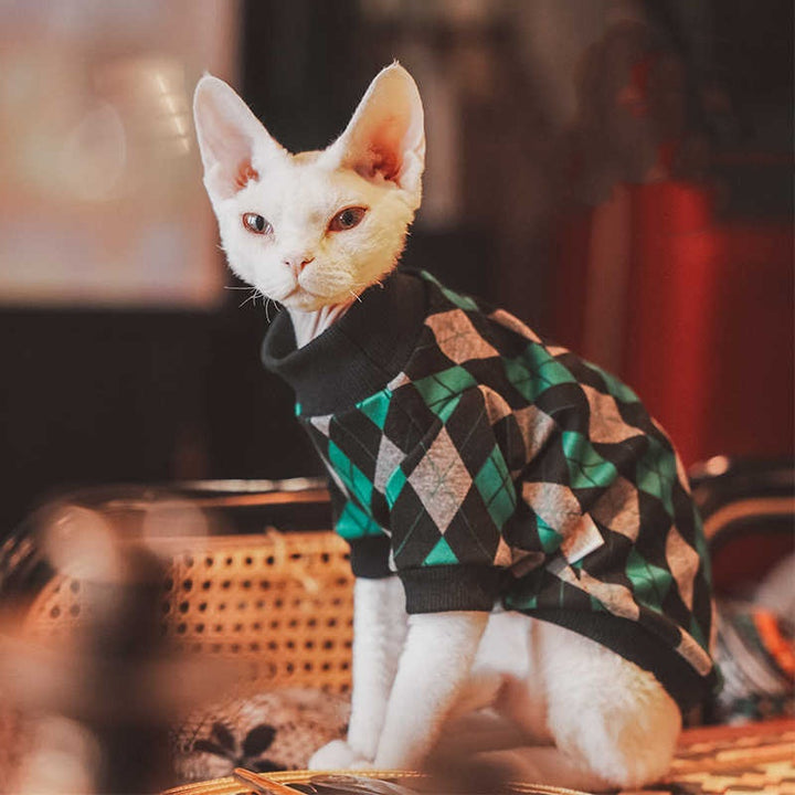 Plaid Cotton Long-Sleeve Sweater for Hairless Cats