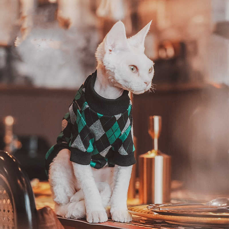 Plaid Cotton Long-Sleeve Sweater for Hairless Cats