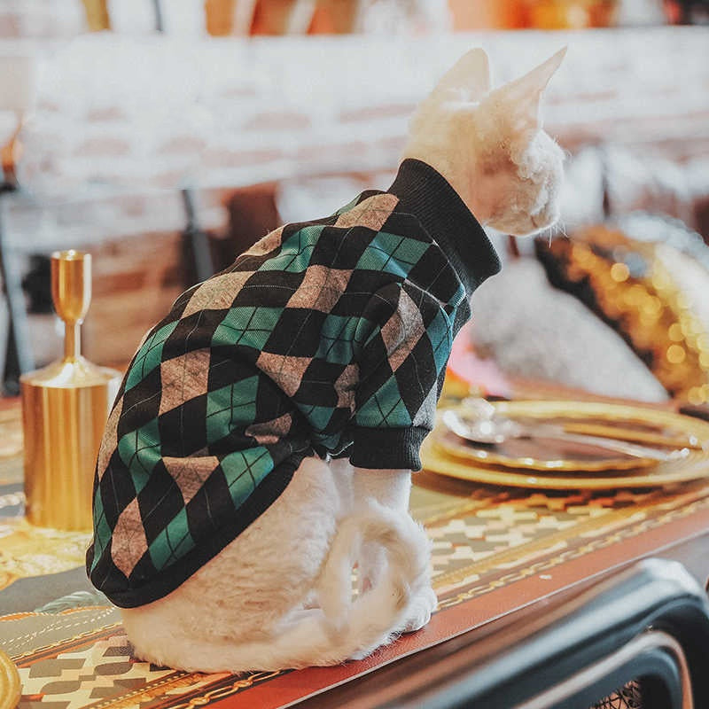 Plaid Cotton Long-Sleeve Sweater for Hairless Cats